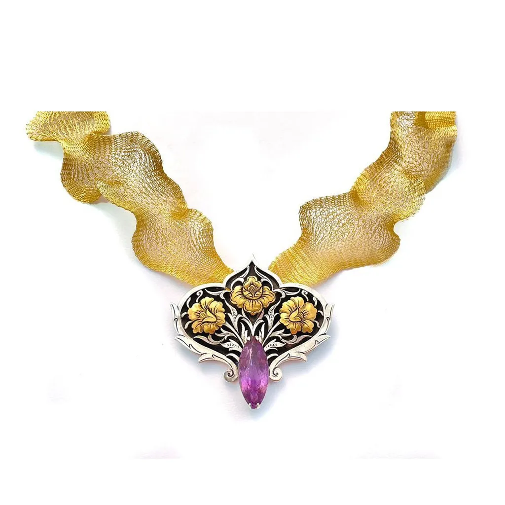 Amethyst & Gold Plated Silver Medallion - A Qalamzani Masterpiece by Master Nima Sa'ei