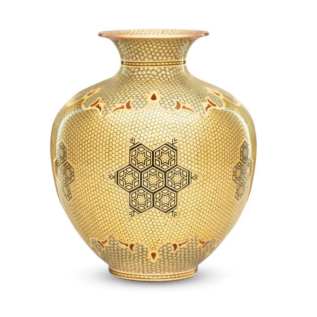 Golden Khatam Vase - A Shimmering Masterpiece by UNESCO Craftsman Master Manouchehr Khadem Mellat