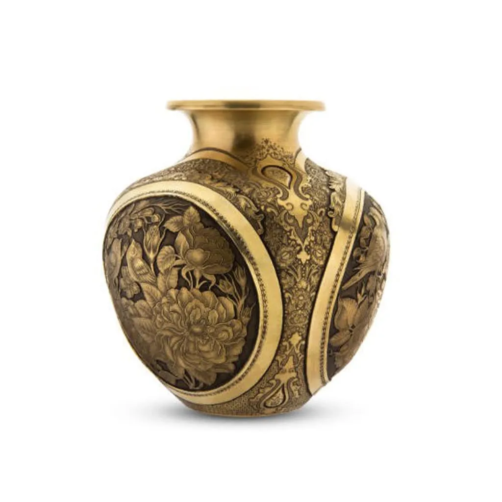 Qalamzani Brass Vase - A 'Gol-o-Morgh' Masterpiece in 'Aksi' Style